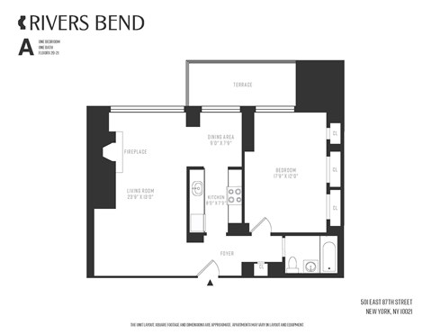 A black and white image of a floor plan for a property at 501 East 87th Street, New York, NY 10017.